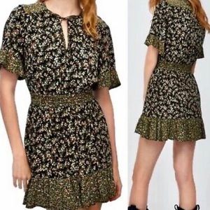 Zara Green and Black Floral Peasant Ruffled Mini Dress